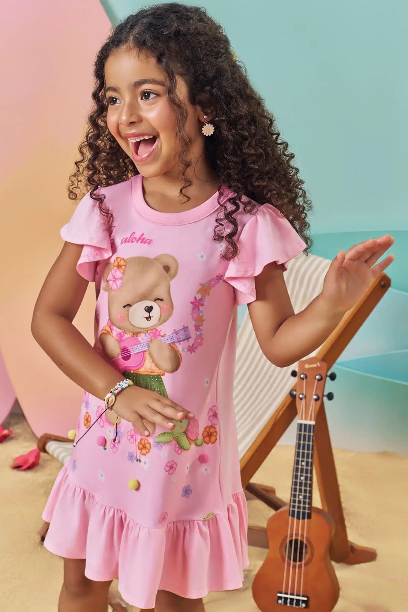 Vestido Infantil Kukiê Verão Rosa Ursinha Musical