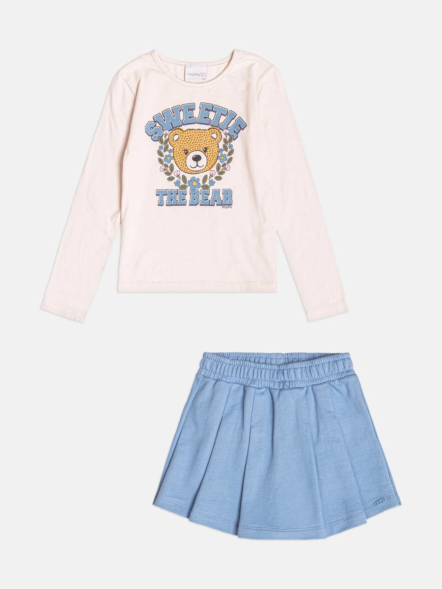 Conjunto Infantil Momi Inverno com Shorts Saia Azul e Blusa Manga Longa Ursinha Sweetie
