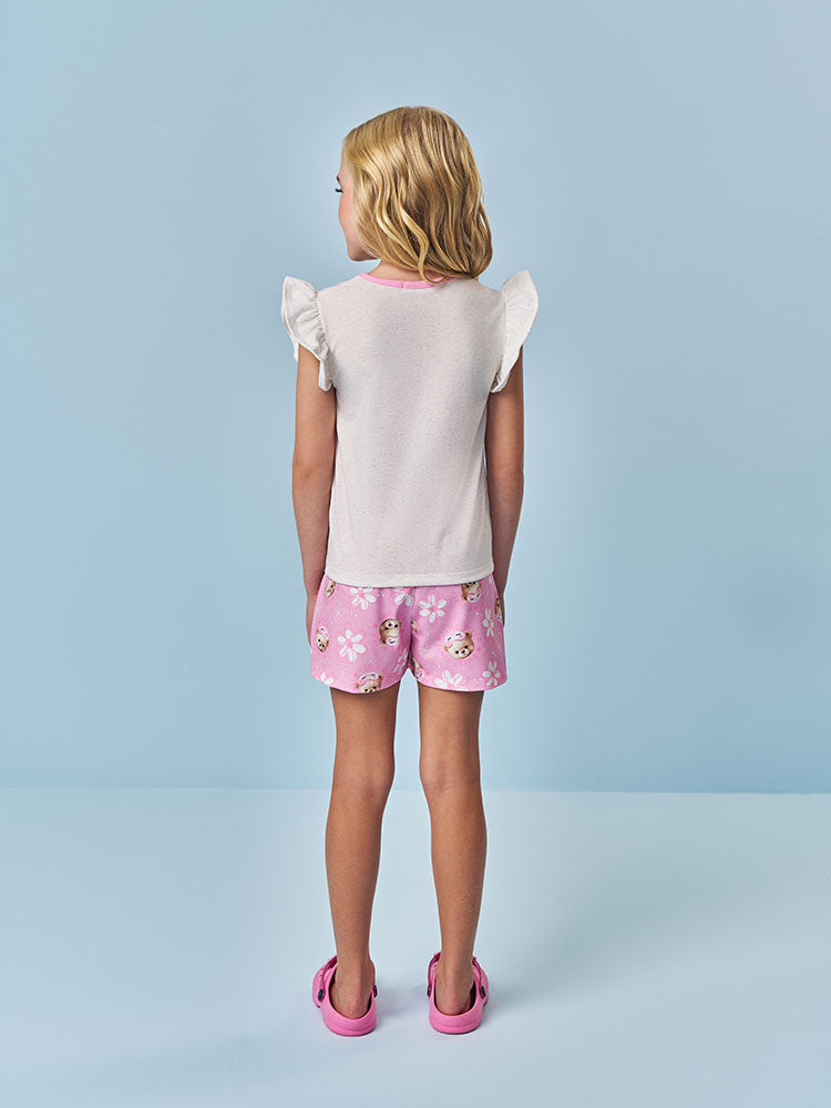 Pijama Infantil Cinti Verão Shorts Rosa e Blusa Off White Ursinho Wake Me Up