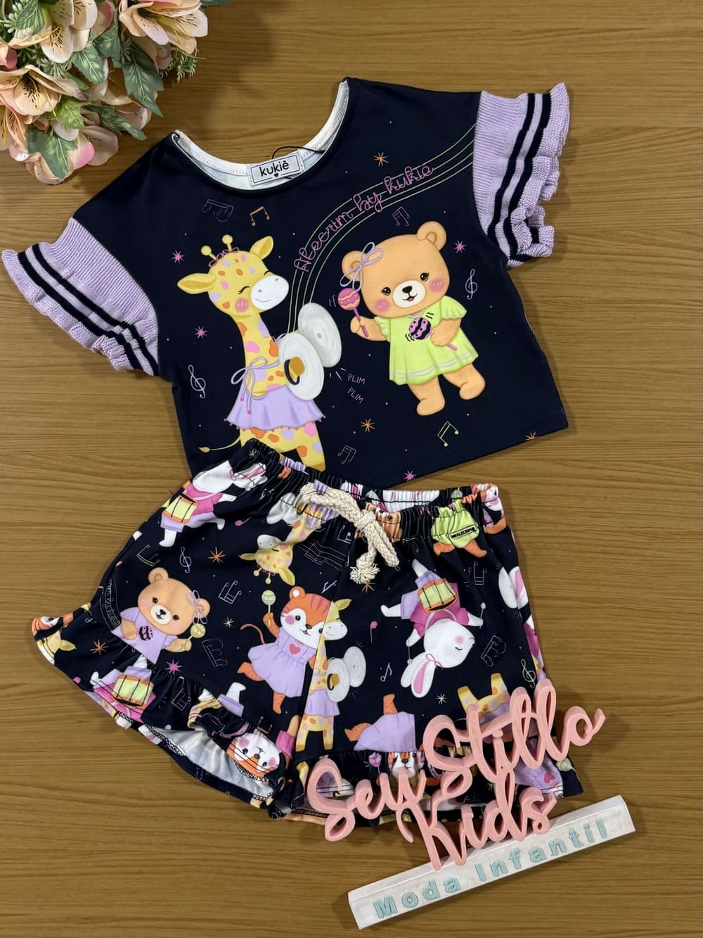 Conjunto Infantil Kukie Alecrim Verão Shorts e Blusa Azul Animais Musical