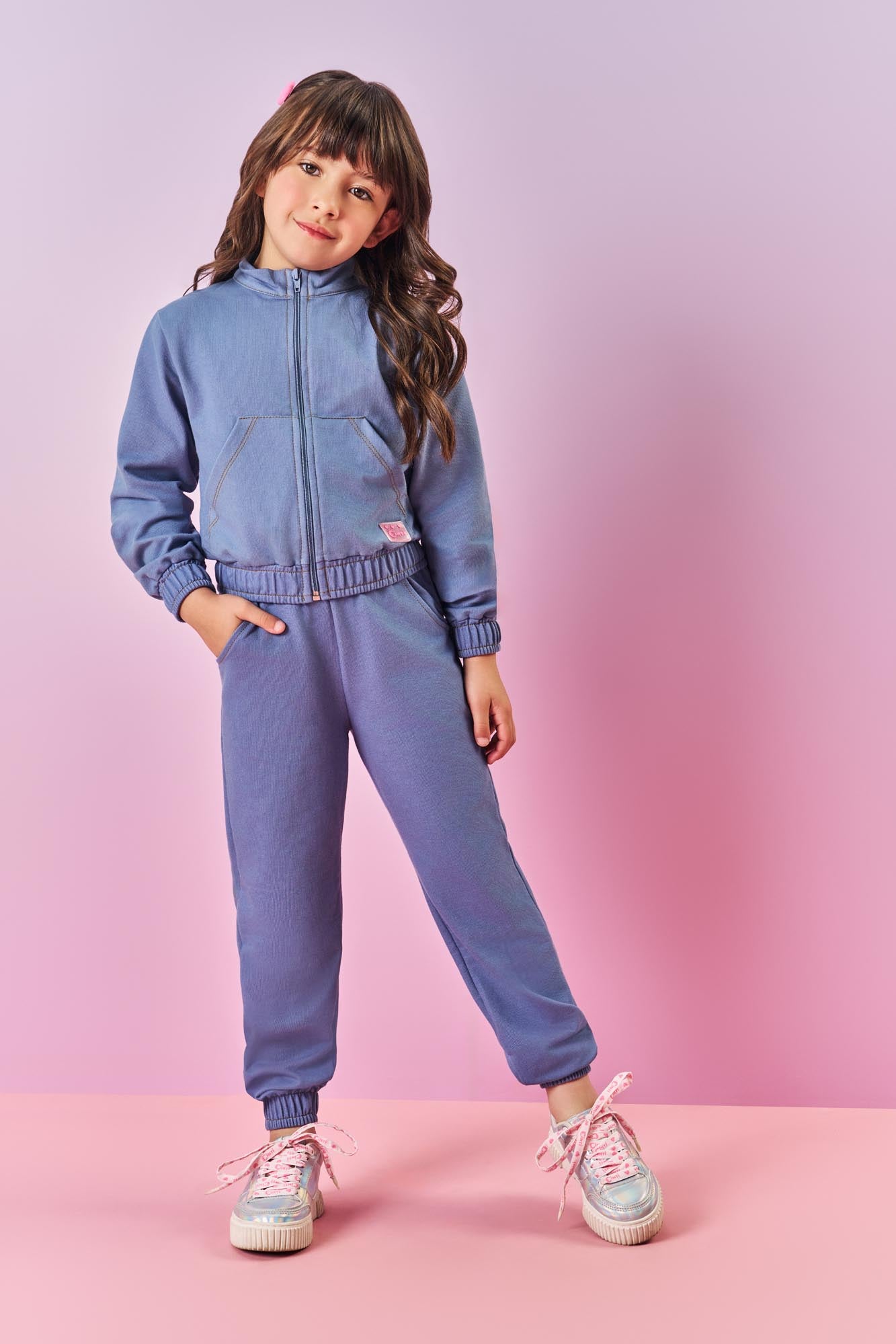 Conjunto Infantil Cinti Inverno com Calça e Jaqueta Jeans Claro Ursinhos