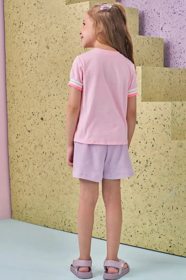 Conjunto Infantil Kukiê Verão com Shorts Lilás e Blusa Rosa Ursinha Fotografa