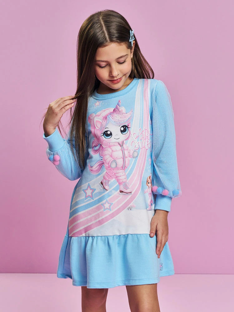 Vestido Infantil Cinti Inverno sem Flanela com Tule Azul Unicórnio Snow