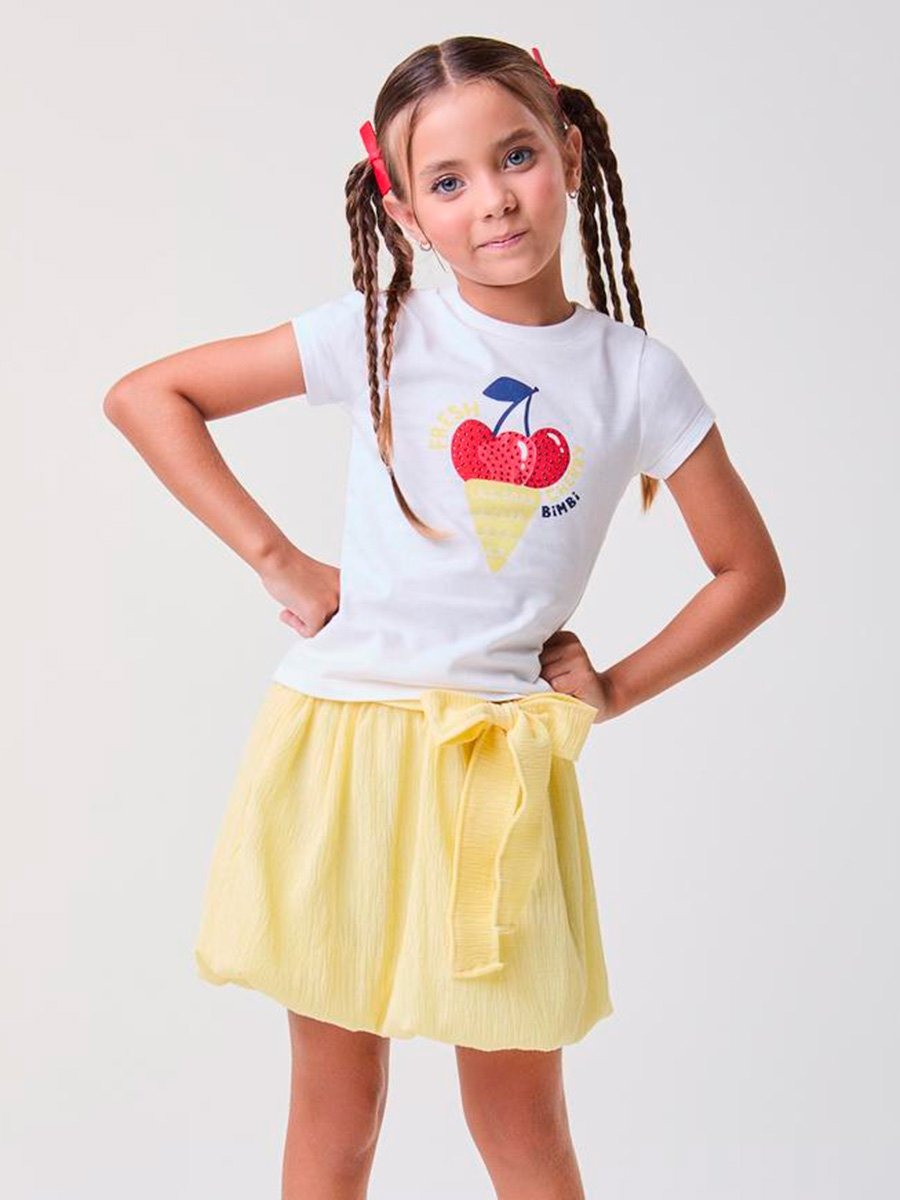 Conjunto Infantil Bimbi Verão com Saia Balonê Amarela e Blusa Branca Sorvetinho