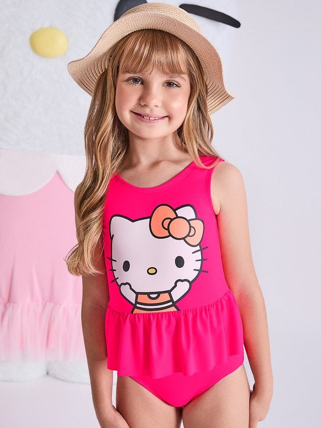 Maiô Infantil Momi Verão Rosa Neon com Babado Hello Kitty