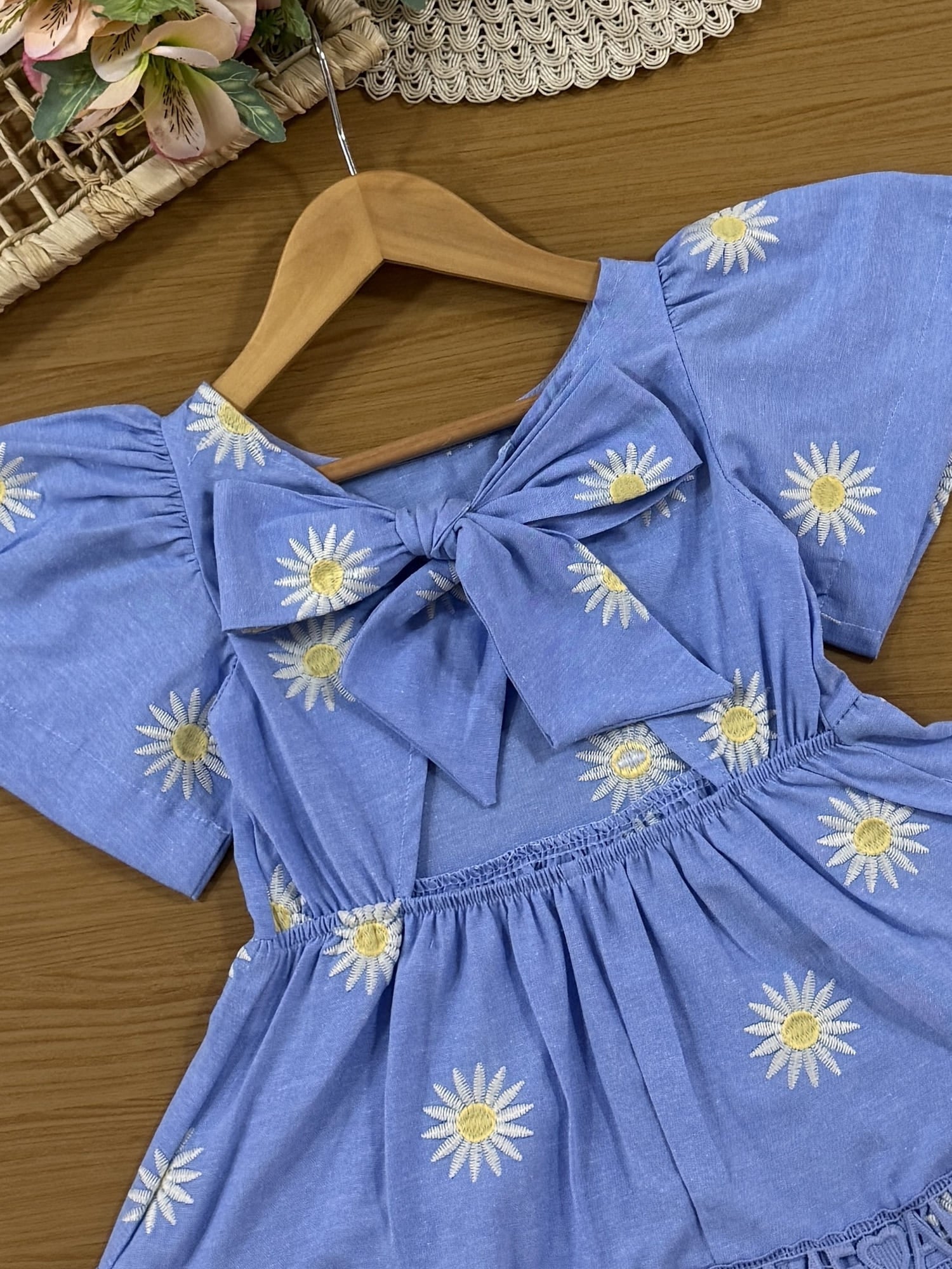 Vestido Infantil Animê Verão Azul Florzinha