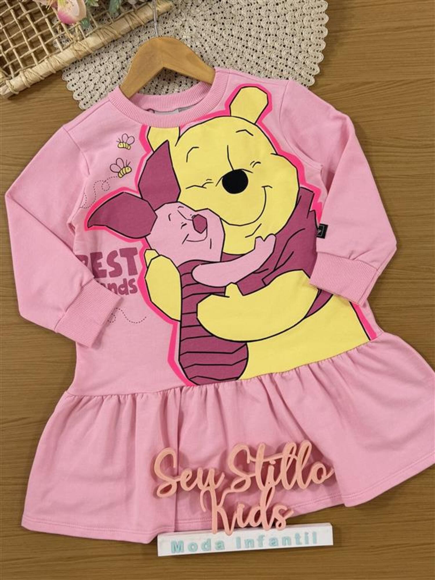 Vestido Infantil Bimbi Inverno Rosa Ursinho Pooh e Leitão Disney