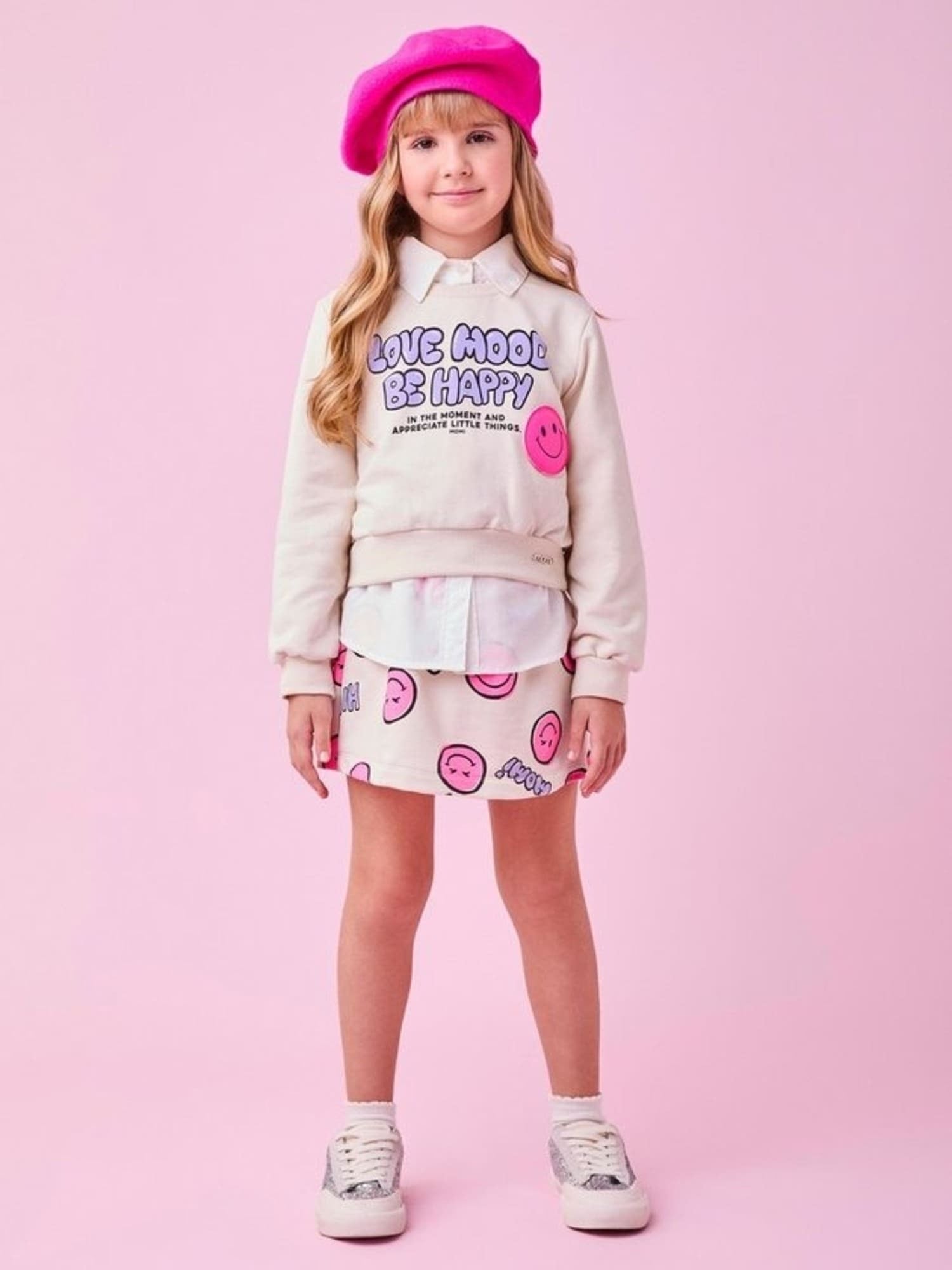 Conjunto Infantil Momi Inverno com Short Saia e Casaco Bege Emoji
