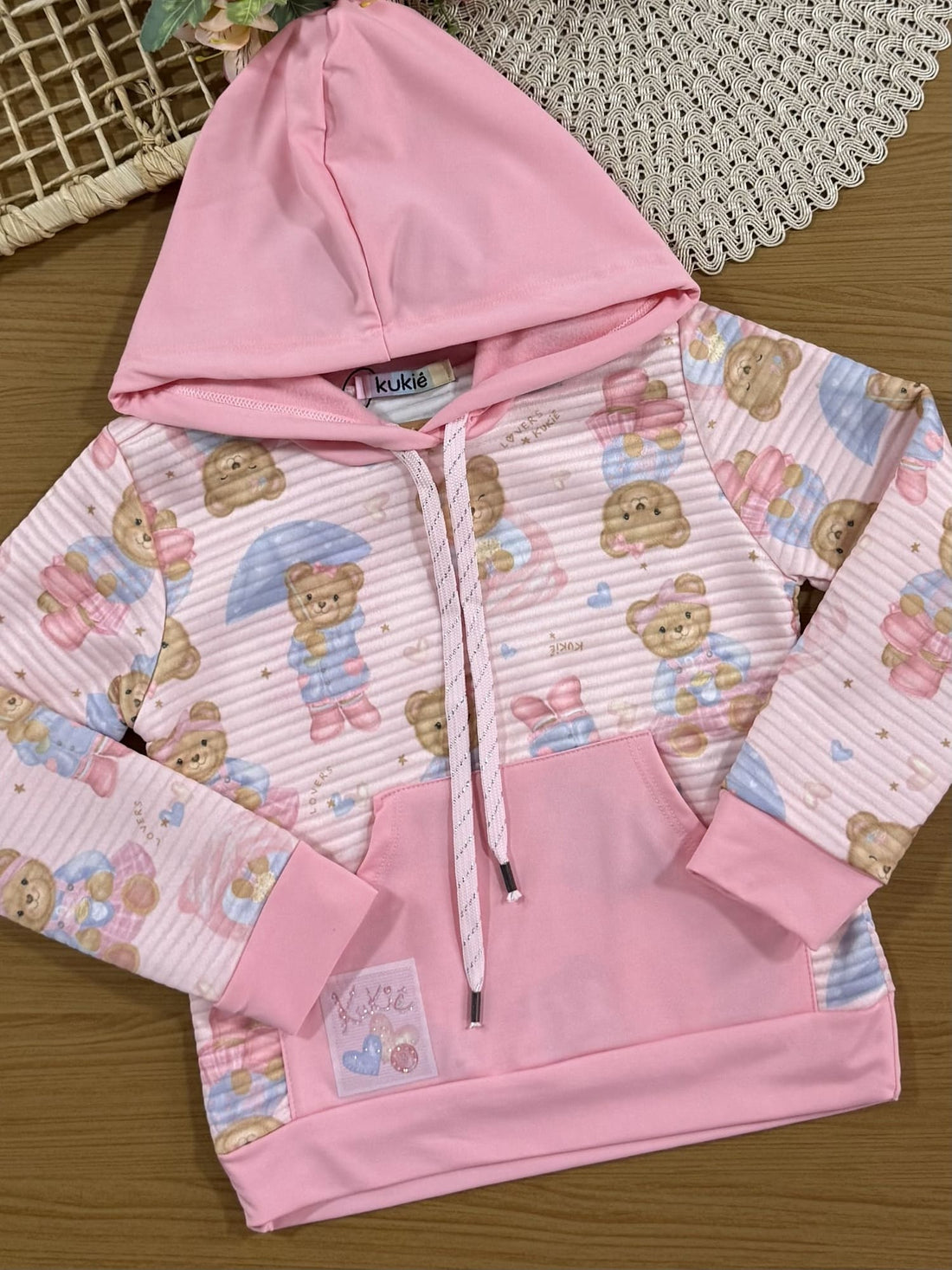 Conjunto Infantil Kukiê Inverno com Calça Legging e Casaco Rosa Ursinhas