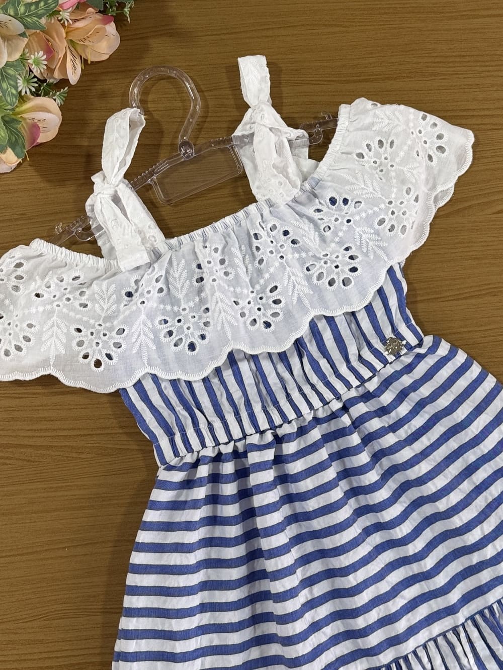 Vestido Infantil Momi Verão Azul Listrado com Babado Laise