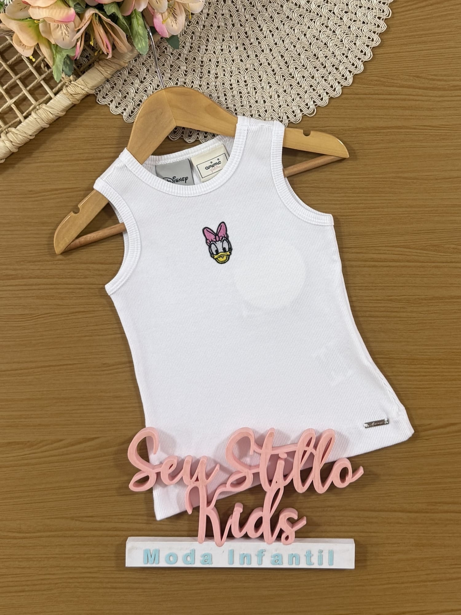 Regata Infantil Animê Verão Branca Margarida Disney