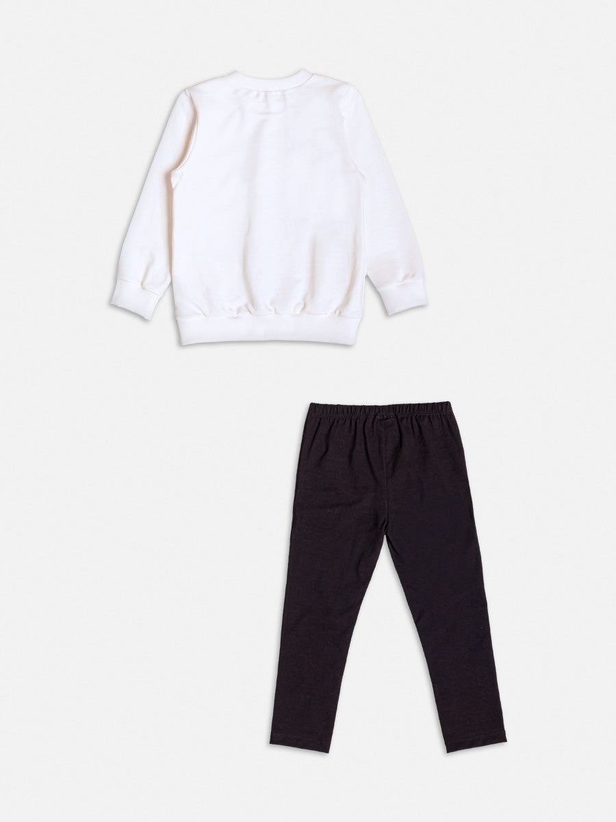 Conjunto Infantil Momi Inverno com Calça Preta e Casaco Branco Ursinho com Laço