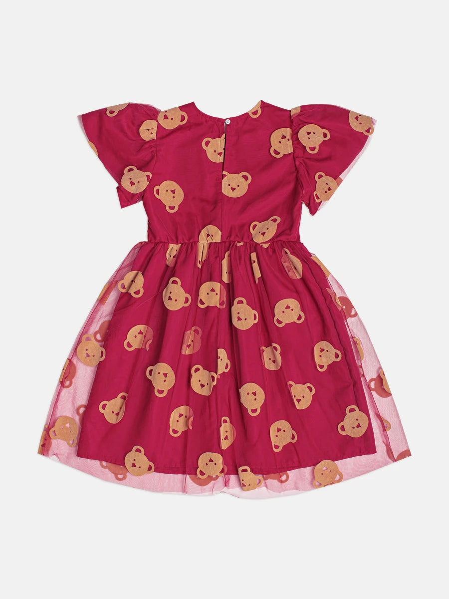 Vestido Infantil Momi Inverno Vermelho em Tule Ursinhos