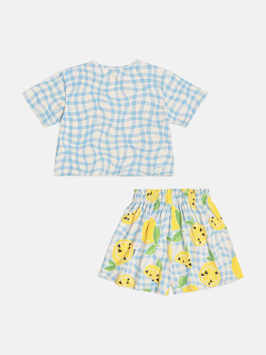 Conjunto Infantil Menina Bimbi com Shorts e Blusa Xadrez Azul Limãozinho