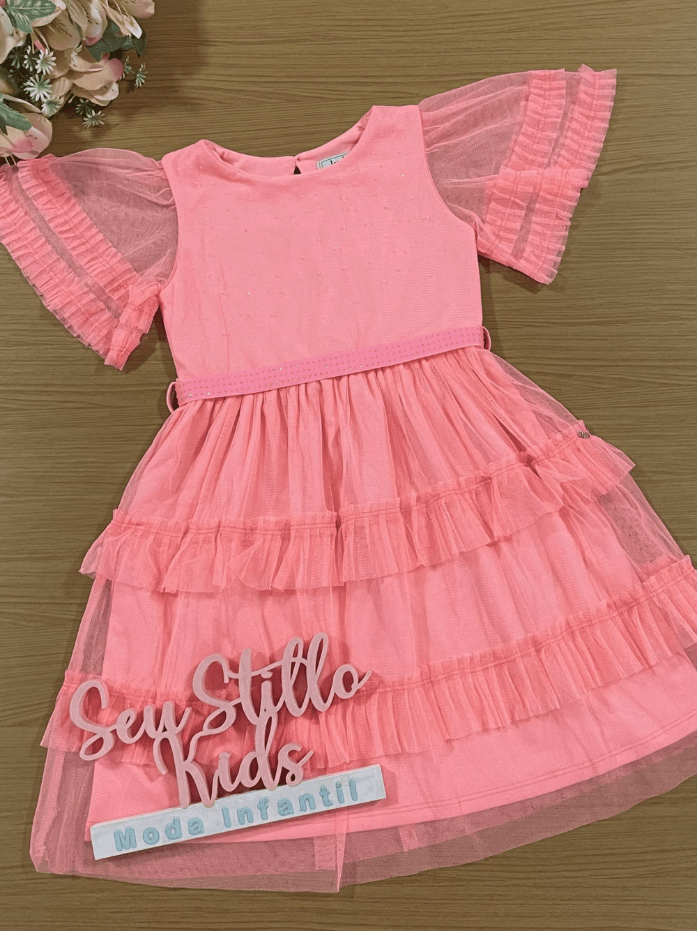 Vestido Infantil Kukie Verão Laranja Tule