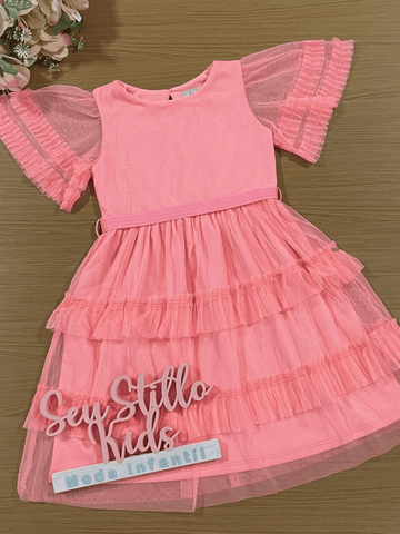 Vestido Infantil Kukie Verão Laranja Tule