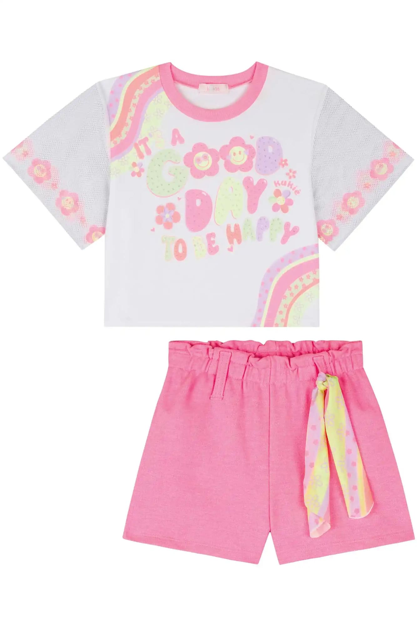 Conjunto Infantil Kukiê Verão com Shorts Rosa e Blusa Branca Good Day
