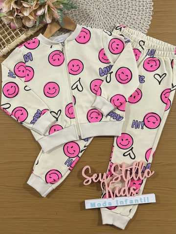 Conjunto Infantil Momi Inverno com Calça e Jaqueta Bege Emoji