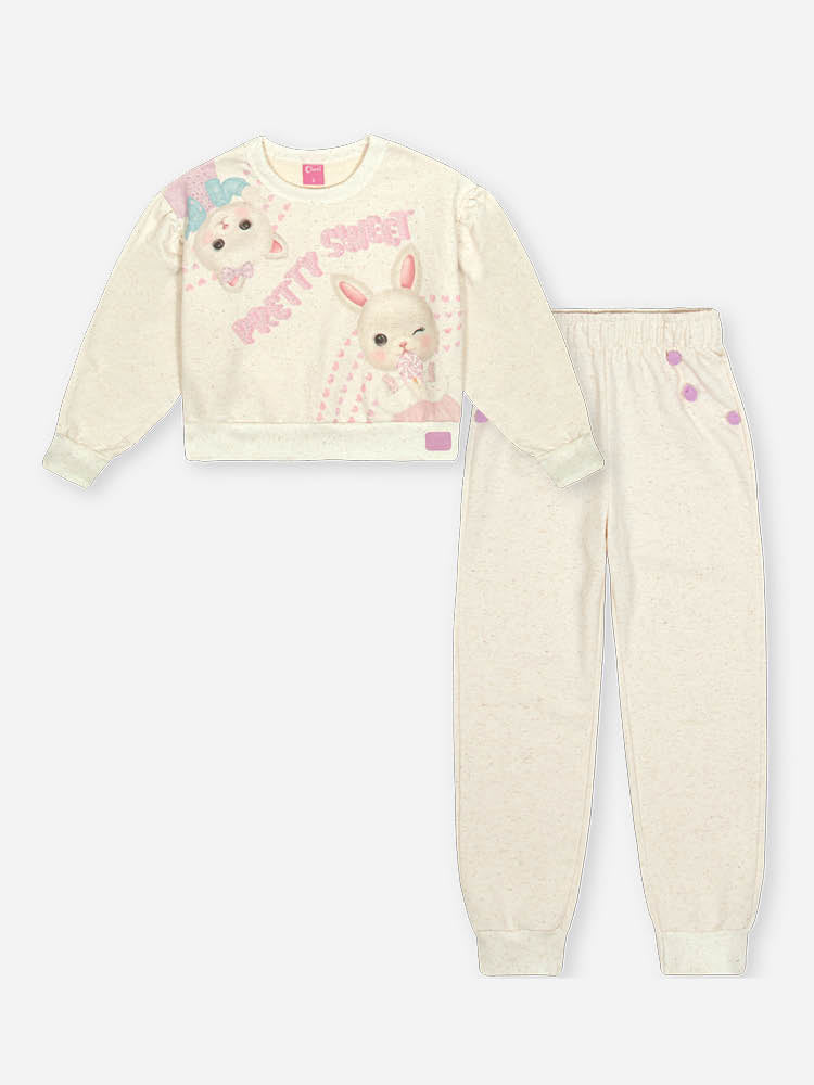 Conjunto Infantil Cinti Inverno com Calça e Moletom sem Flanela Off White Bichinhos com Strass