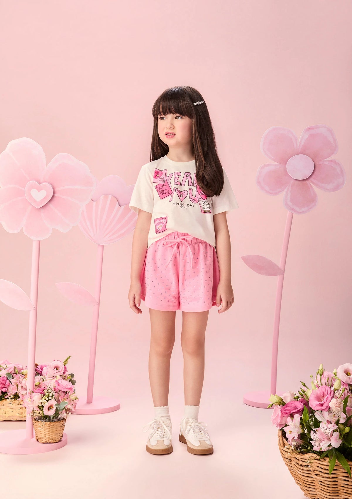 Conjunto Infantil Menia Momi, Shorts Rosa com Strass e Blusa Yeah You