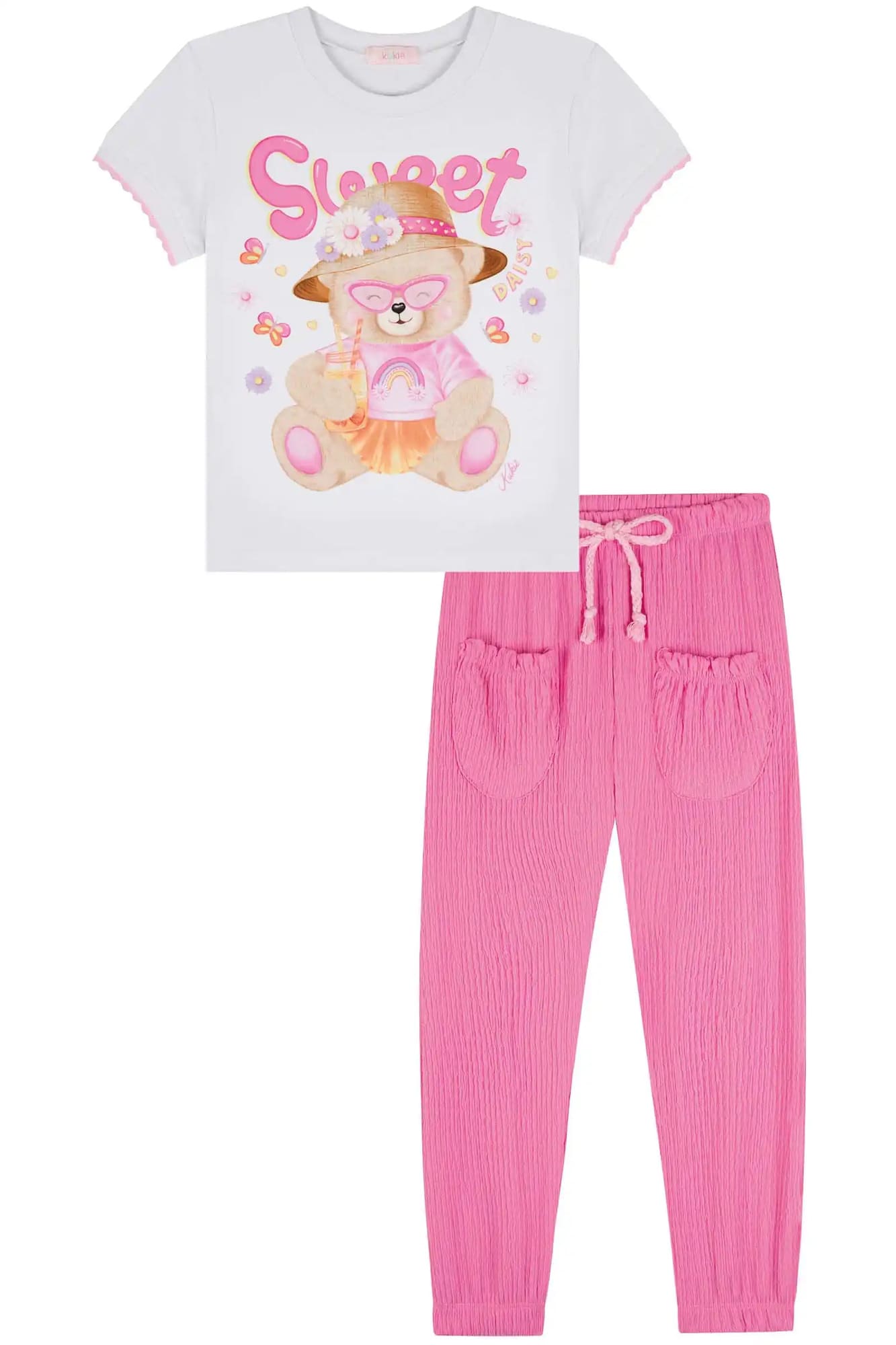 Conjunto Infantil Kukiê Verão com Calça Rosa e Blusa Branca Ursinha Sweet