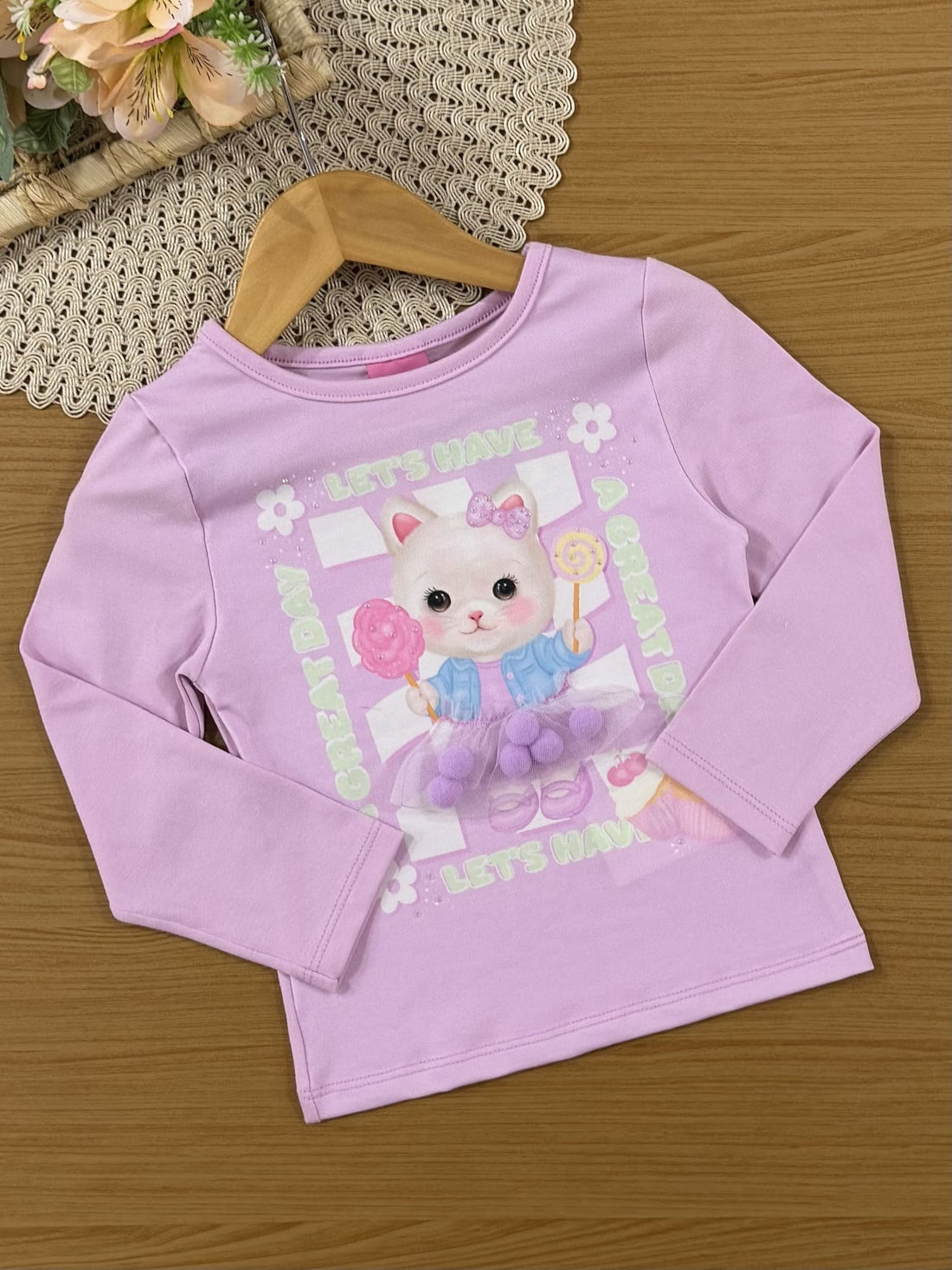 Conjunto Infantil Cinti Inverno com Shorts e Blusa Manga Longa Lilás Gatinha Docinhos