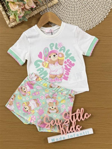 Conjunto Infantil Kukiê Verão com Shorts Saia Verde e Blusa Branca Ursinha Tênista