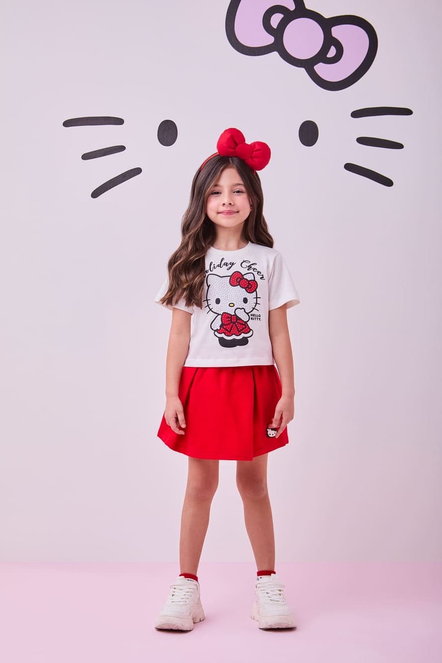 Conjunto Infantil Momi Verão Shorts Saia Vermelha e Blusa Hello Kitty