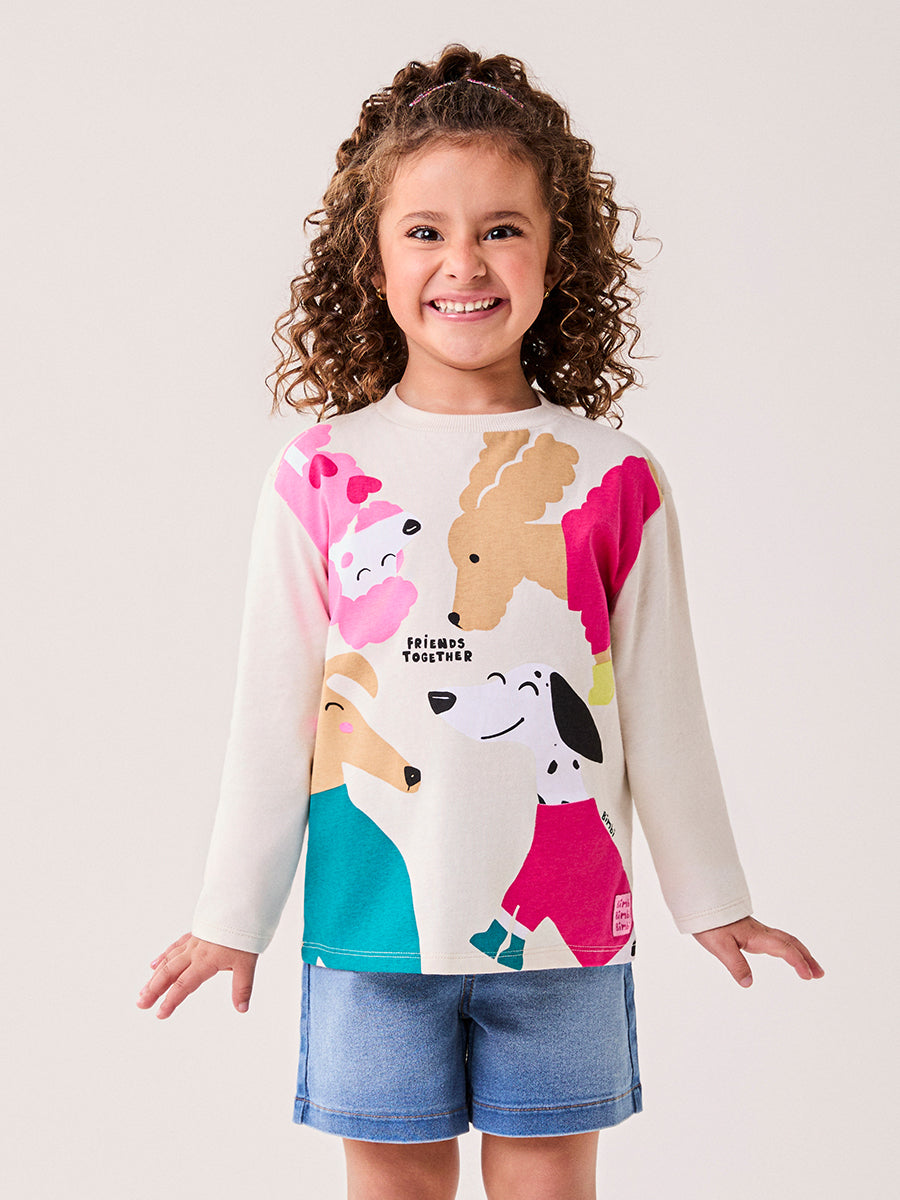 Blusa Infantil Bimbi Inveno Manga Longa Bege Cachorrinhos Friends