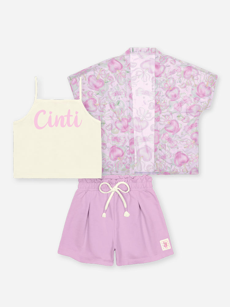 Conjunto Infantil Cinti Verão Shorts Lilás, Blusa e Kimono Docinhos