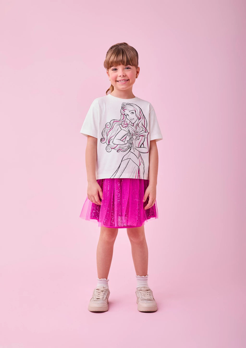 Conjunto Infantil Momi Inverno com Saia Rosa e Blusa Bela Adormecida Disney