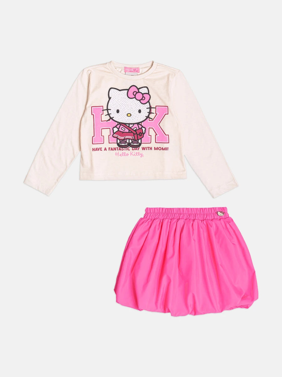 Conjunto Infantil Momi Inverno com Saia Rosa e Blusa Manga Longa Hello Kitty Fantastic
