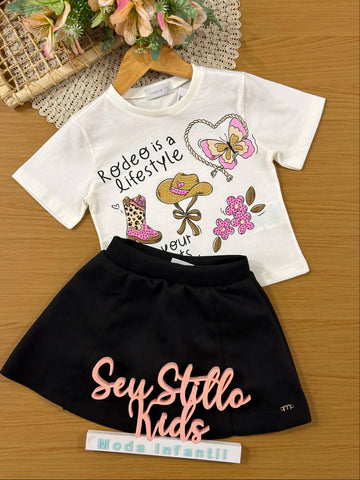 Conjunto Infantil Momi Inverno com Saia Preta e Blusa Manga Curta Rodeio