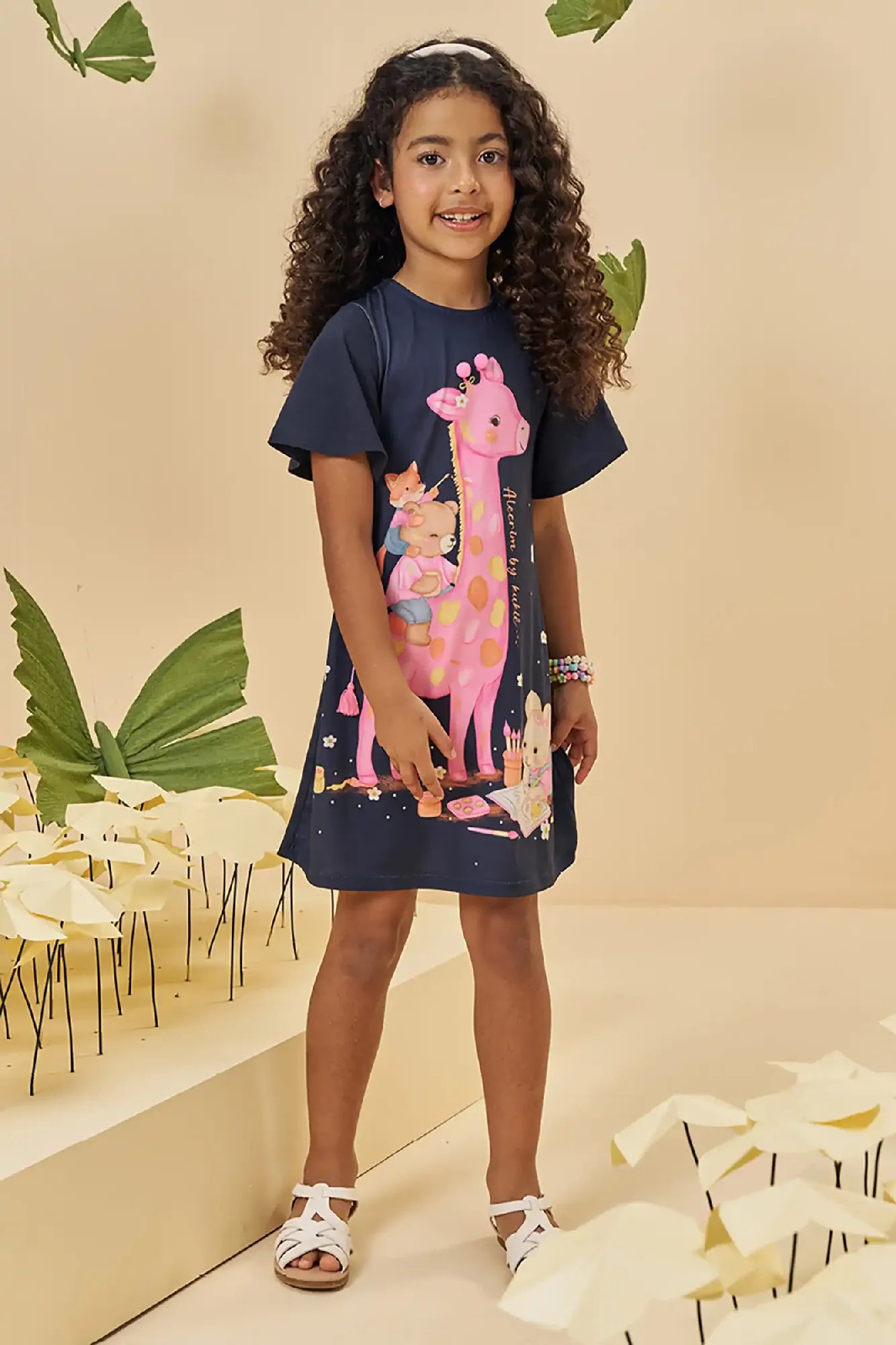 Vestido Infantil Kukiê Verão Azul Marinho Girafinha