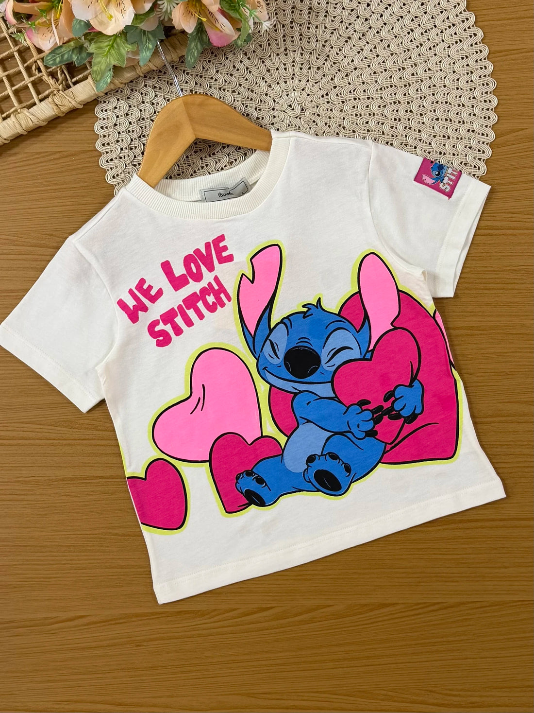 Conjunto Infantil Bimbi Inverno com Saia Rosa e Blusa Manga Curta We Love Stitch
