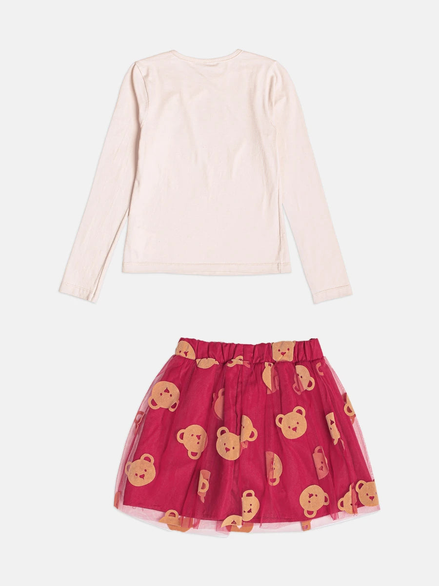 Conjunto Infantil Momi Inverno com Saia em Tule Vermelha e Blusa Manga Longa Ursinha Enjoy