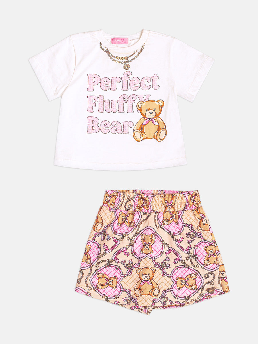 Conjunto Infantil Momi Inverno com Short-Saia e Blusa Branca Ursinho Fofo com Strass