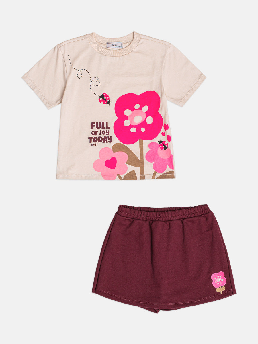 Conjunto Infantil Bimbi Inverno com Shorts Saia e Blusa Manga Curta Bege Floral