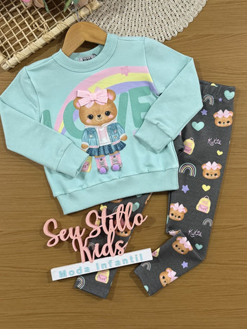 Conjunto Infantil Inverno Kukiê com Calça Cinza e Moletom sem Flanela Verde Ursinha Love