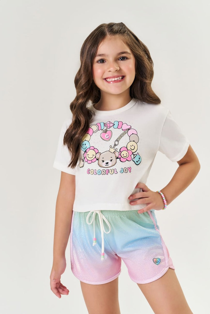Conjunto Infantil Cinti Verão Shorts Holográfico e Blusa Pandora Ursinho