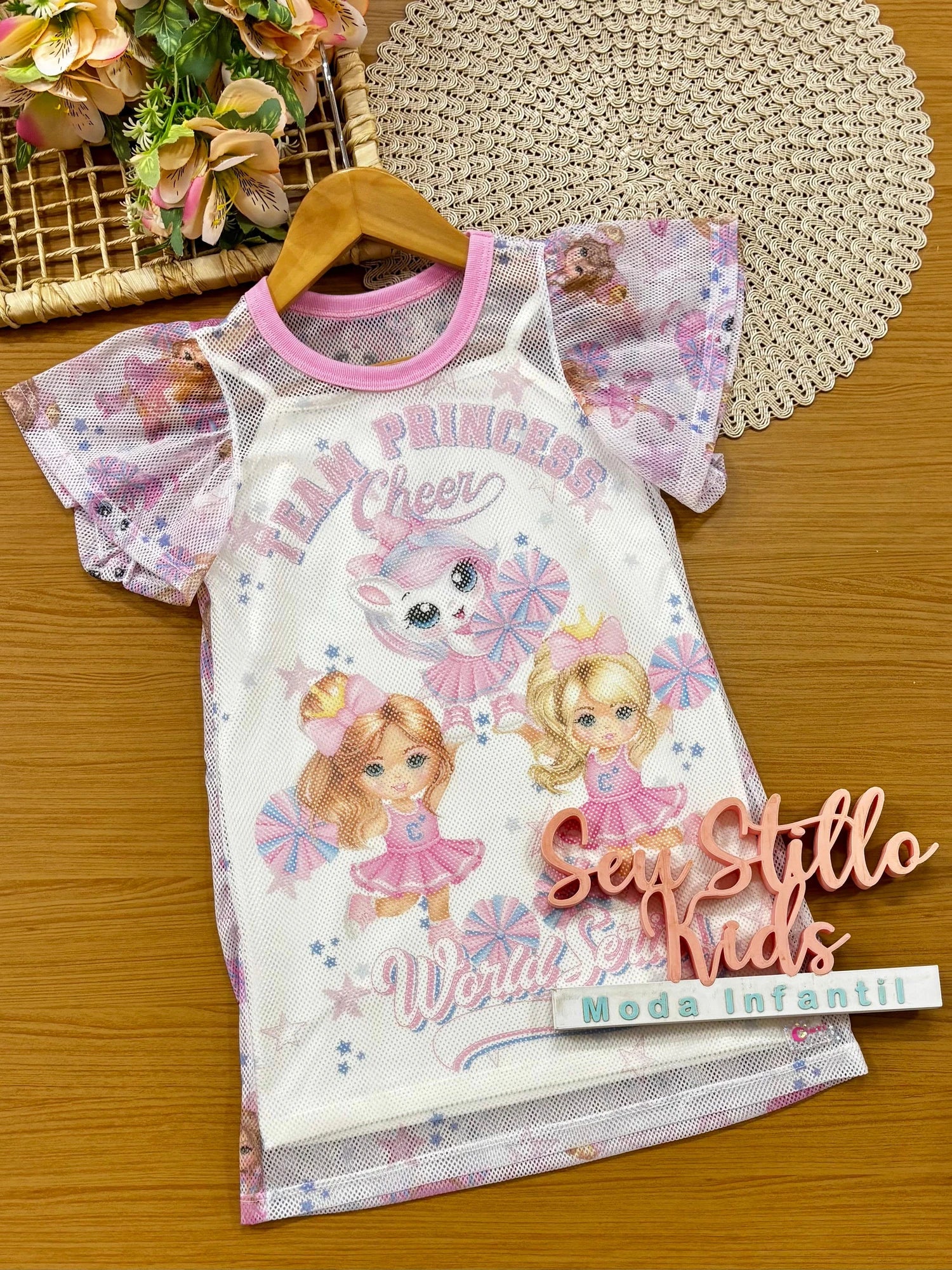 Vestido Infantil Cinti Branco com Sobreposição Unicórnio Team Princes