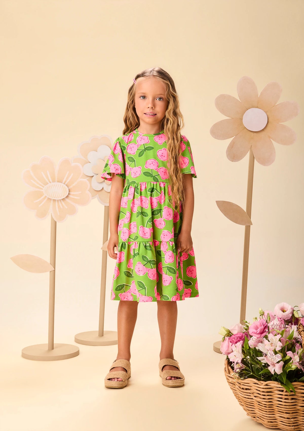 Vestido Infantil Momi Verde Ursinho Cereja