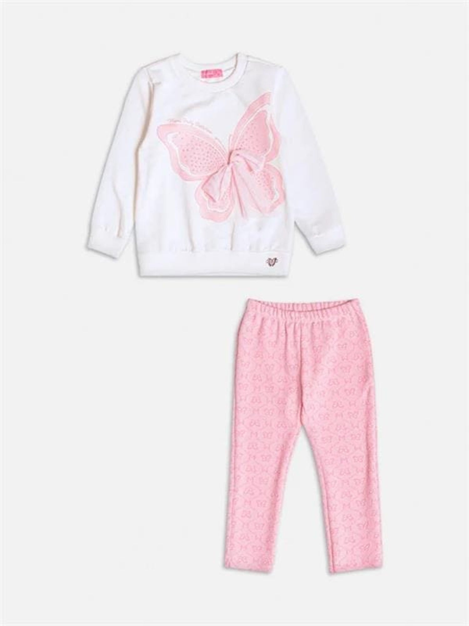 Conjunto Infantil Momi Inverno com Calça Rosa e Casaco Branco Borboleta com Strass