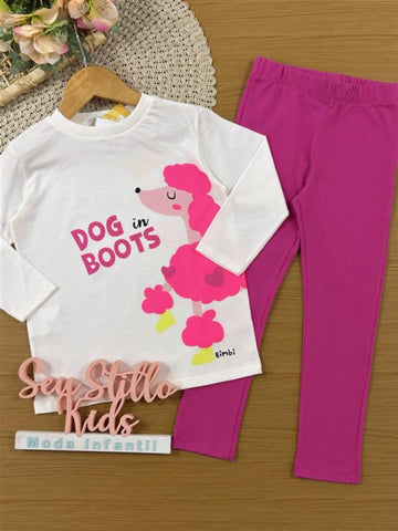 Conjunto Infantil Bimbi Inverno com Calça Legging Rosa e Blusa Manga Longa Cachorrinha