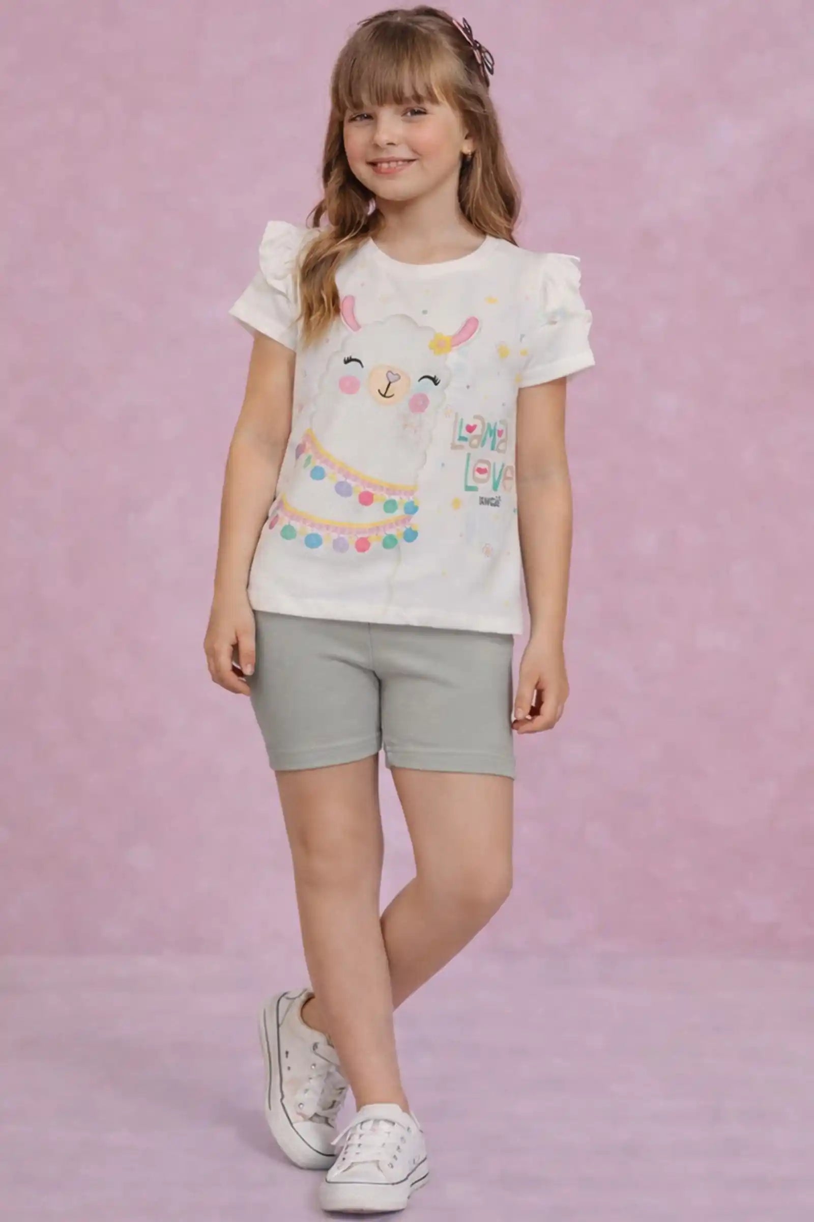 Conjunto Infantil Kukiê com Shorts Ciclista Cinza e Blusa Lhama