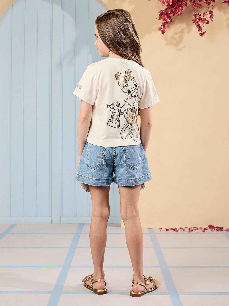 Conjunto Infantil Animê Verão Shorts Jeans e Camisa Minnie e Daisy Duck