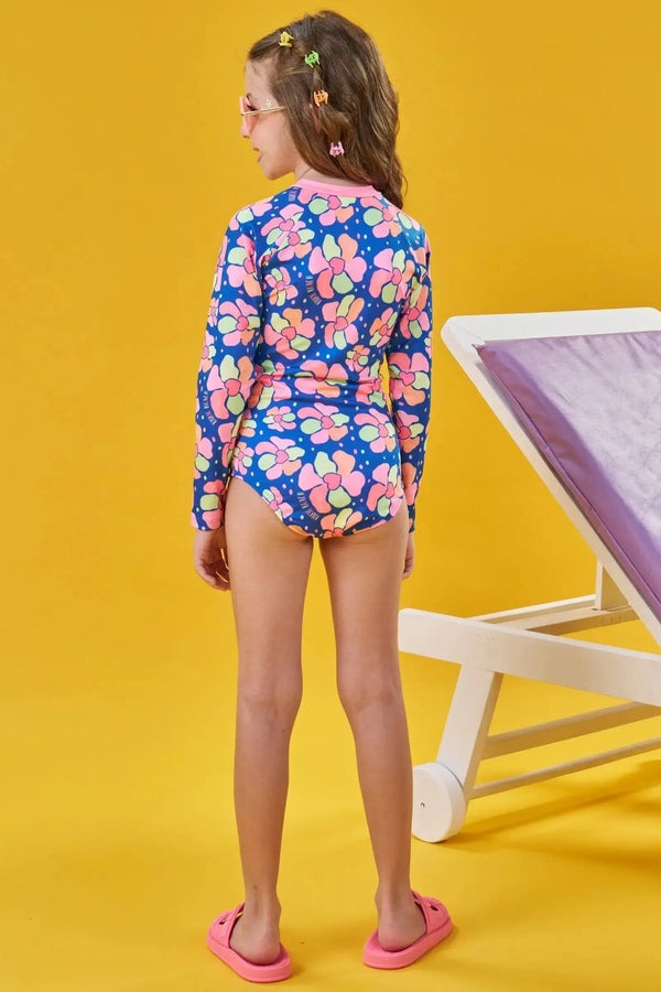 Maiô Infantil Kukiê Verão Manga Longa Azul Florzinha Corações