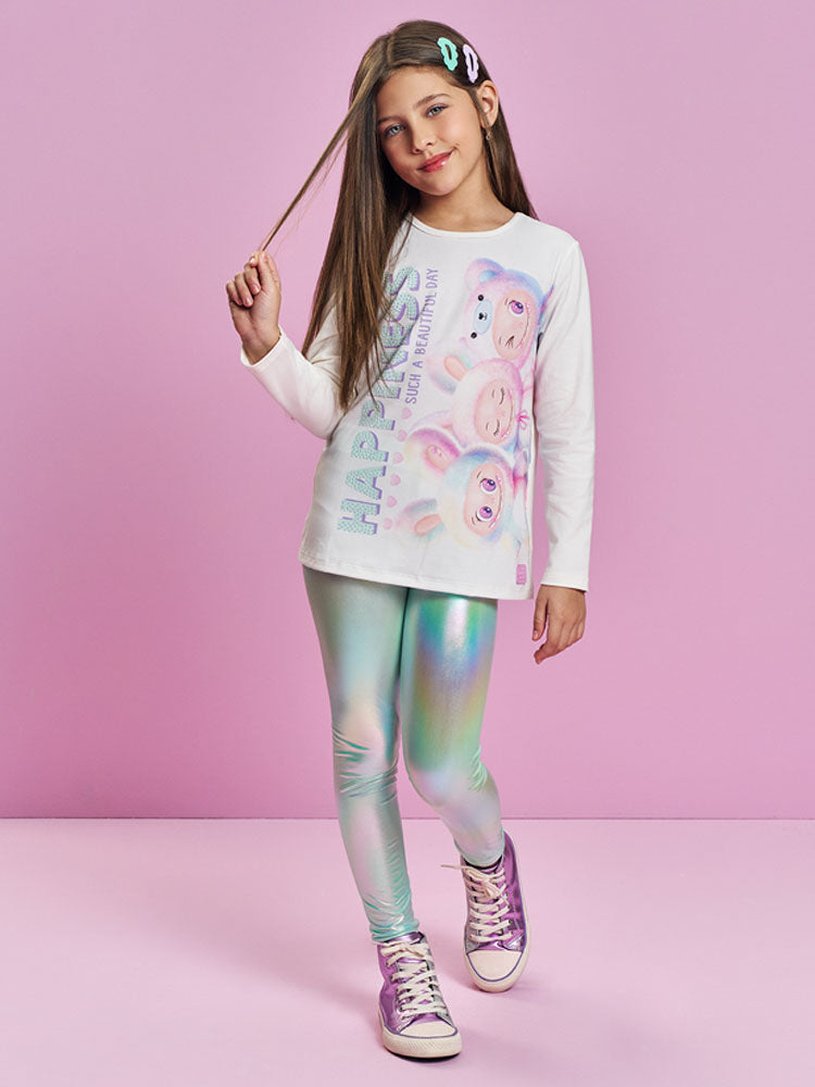 Conjunto Infantil Cinti Inverno com Calça Legging Verde Metalizado e Blusa Manga Longa Labubu