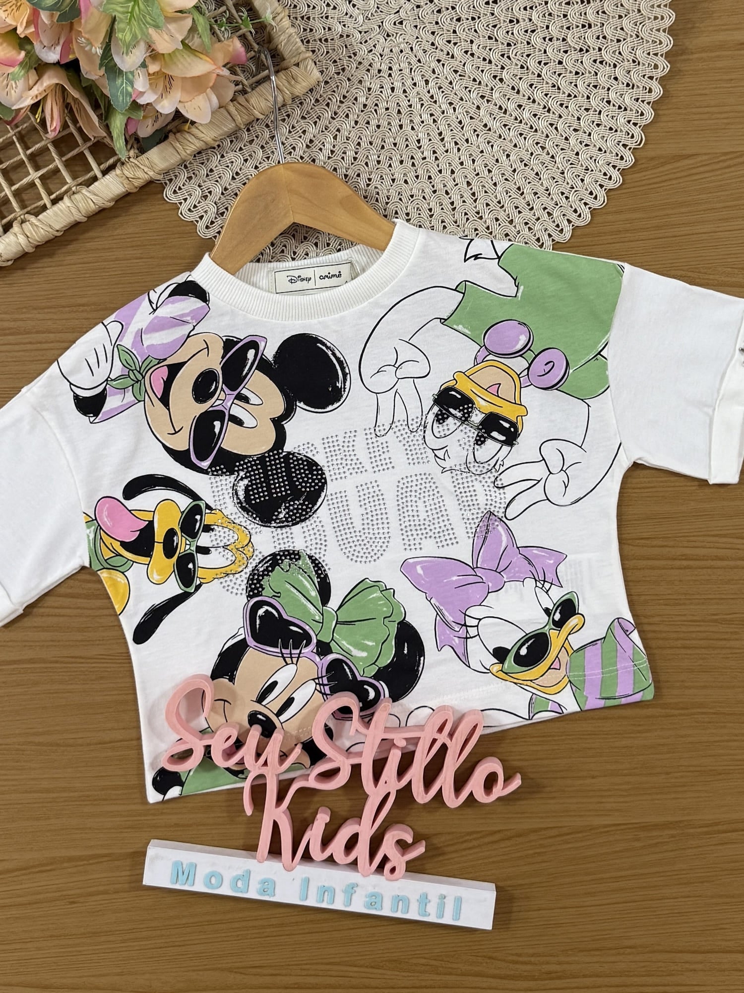 Blusa Infantil Animê Verão Branca Mickey e Minnie Amigos Disney