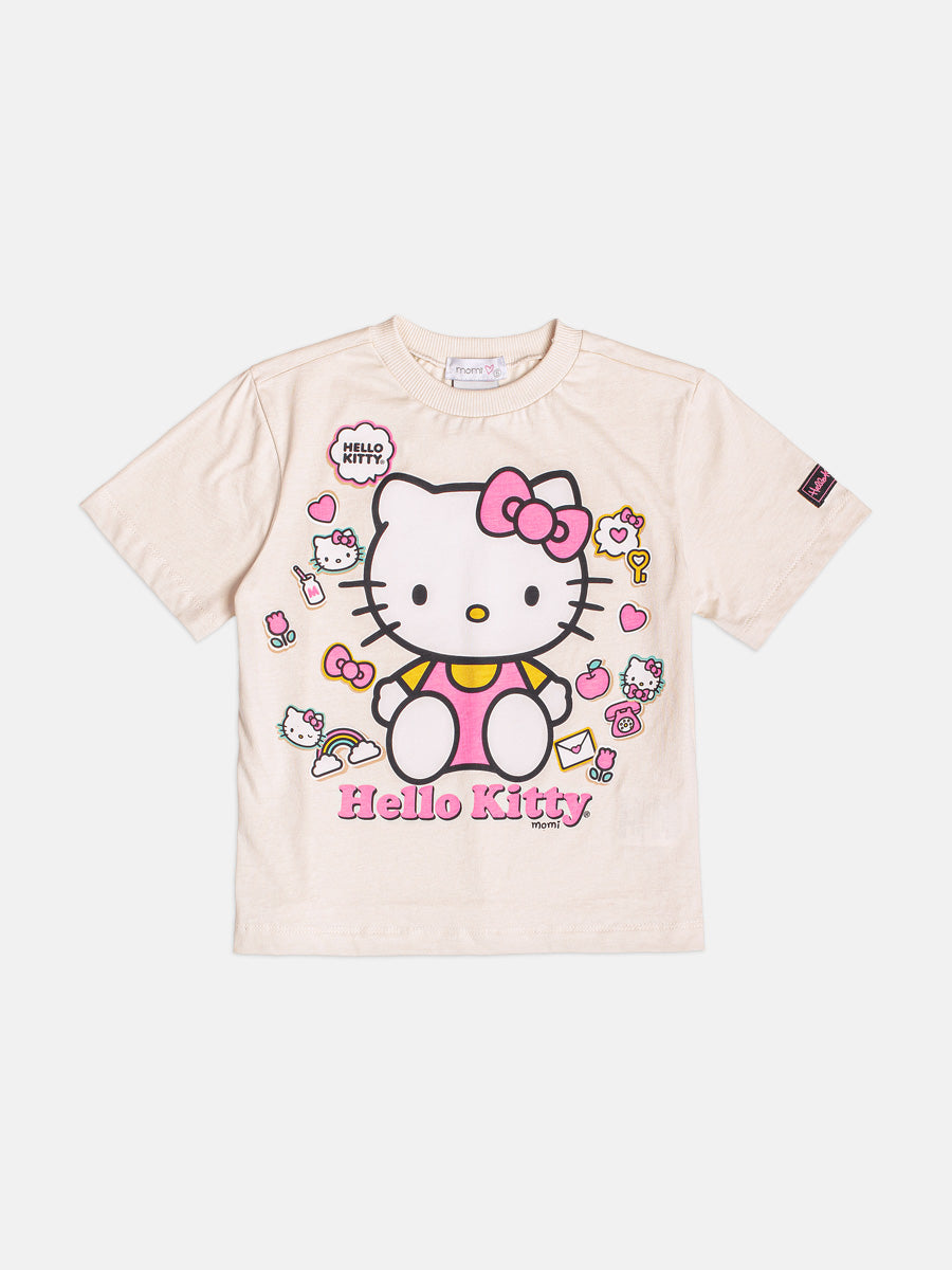 Blusa Infantil Momi Inverno Manga Curta Bege Hello Kitty Figurinhas